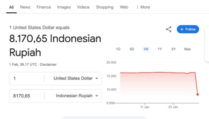 Error, Kurs 1 Dolar AS di Google Finance Mendadak Anjlok ke Rp8.170