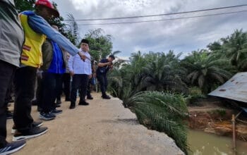 Gubernur Jambi, Al Haris, meninjau lokasi jalan lintas Sumatera yang amblas di Desa Sirih Sekapur, Kabupaten Bungo, pada Jumat (7/3/2025).